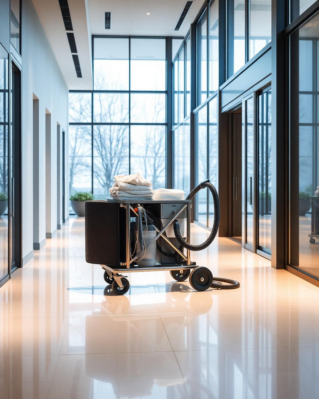 Chariot de nettoyage professionnel dans un hall moderne et lumineux