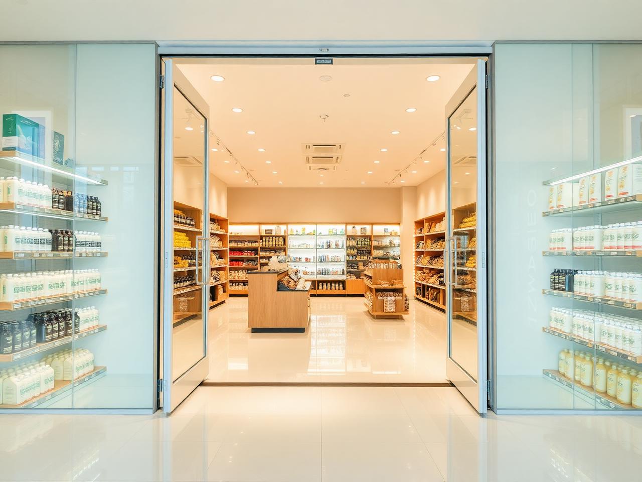 Entrée de commerce propre et lumineuse avec étagères bien rangées